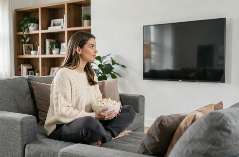 Femme regardant un film en streaming sur sa télévision dans un salon moderne et confortable