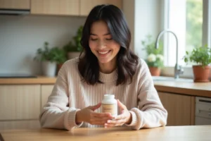 Femme souriante avec vitamines capillaires dans une cuisine moderne