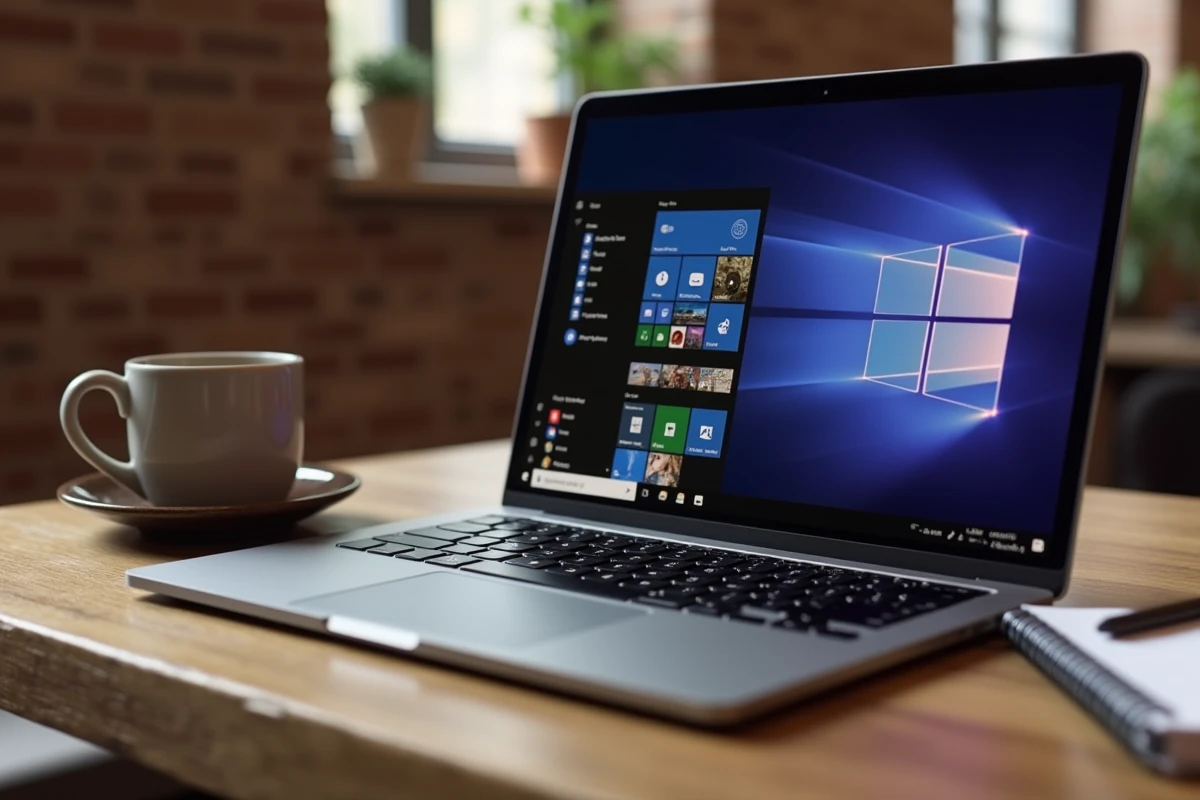 Gros plan d'un laptop moderne affichant l'interface Windows 12 avec menu Démarrer redessiné en mode sombre