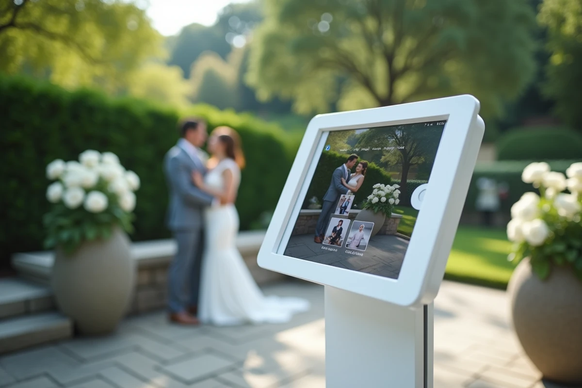 Gros plan d'une tablette montée sur une borne photobooth blanche affichant une galerie de photos de mariage en extérieur