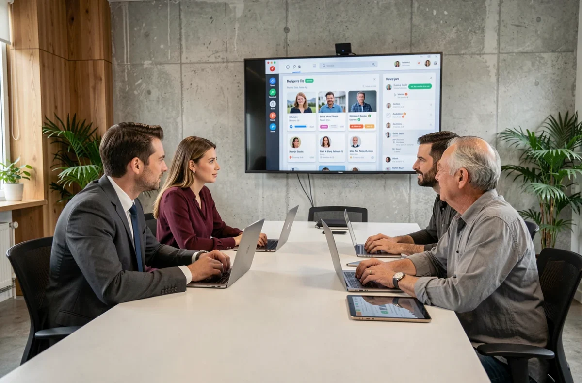 Groupe de professionnels réunis autour d'une table pour rejoindre un club d'affaires virtuel