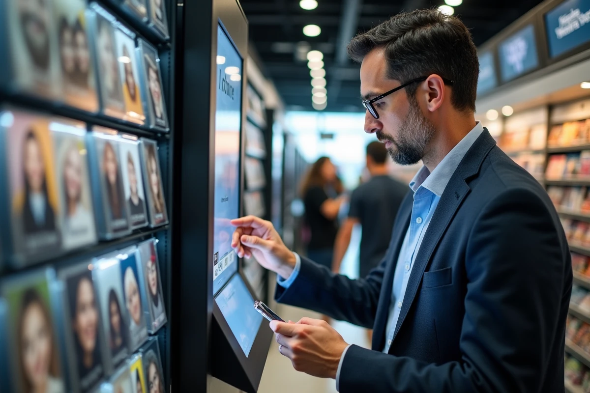 Homme regardant les options de prix au photo booth en magasin