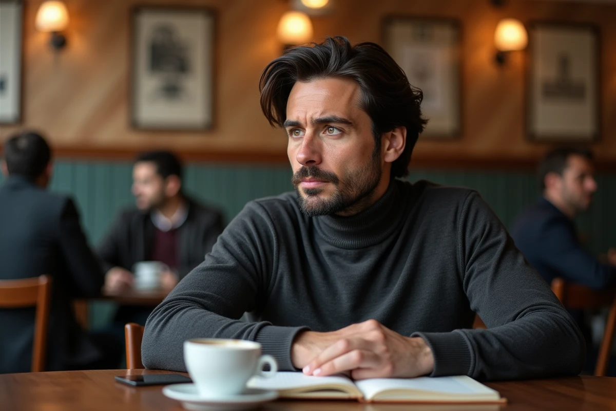 Homme pensif au col roulé gris assis dans un café parisien avec un carnet fermé, symbolisant la discrétion et l'intimité préservée
