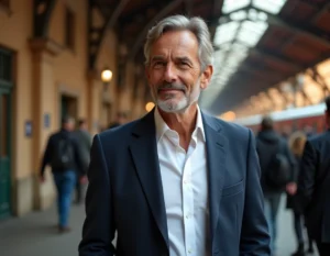 Portrait d'un homme élégant sur un quai de gare européen, évoquant l'univers du voyage et de la curiosité journalistique