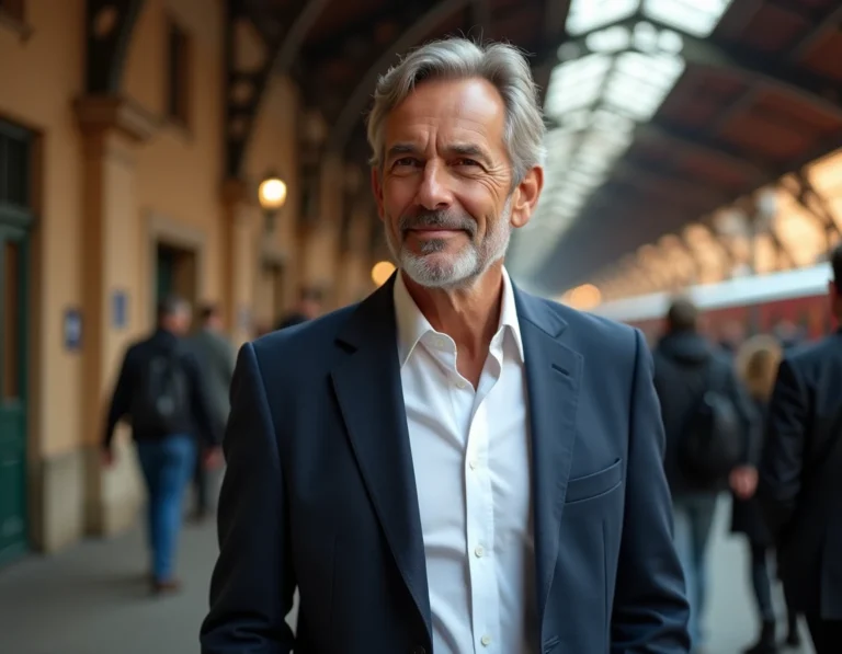 Portrait d'un homme élégant sur un quai de gare européen, évoquant l'univers du voyage et de la curiosité journalistique