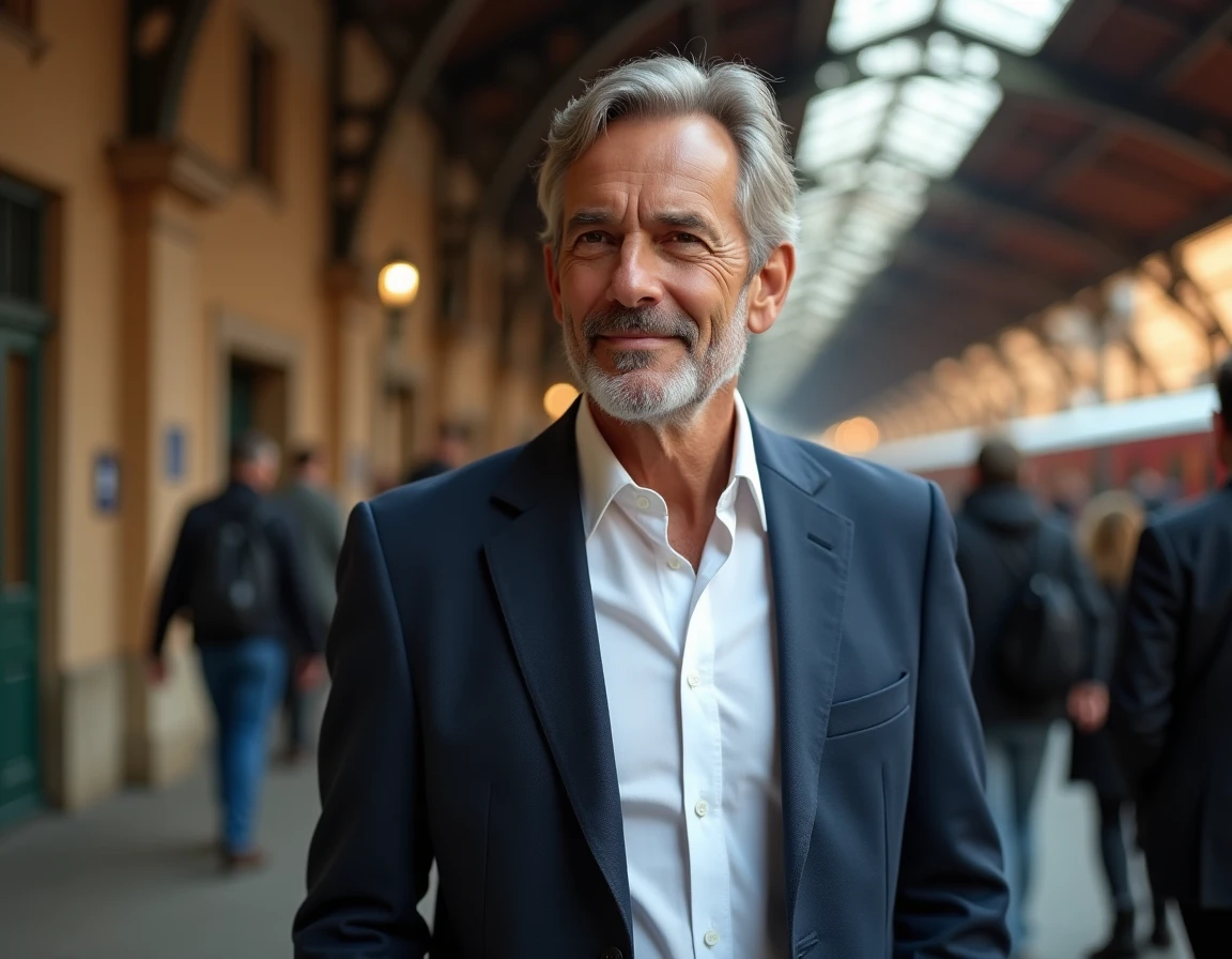Portrait d'un homme élégant sur un quai de gare européen, évoquant l'univers du voyage et de la curiosité journalistique