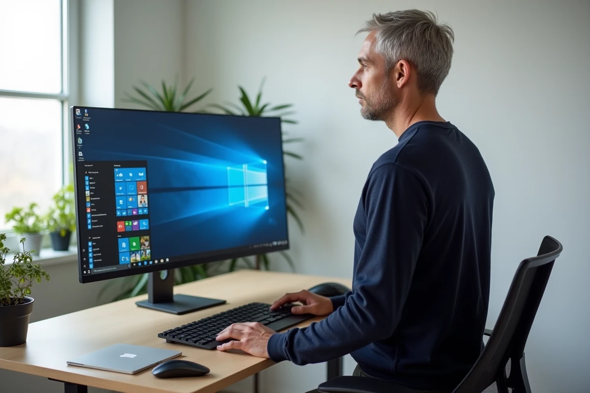 Homme debout devant un écran ultrawide affichant le bureau Windows 12 dans un home office minimaliste
