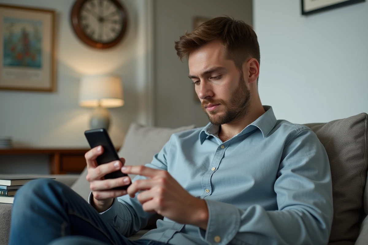 Jeune homme lisant un avis sur son smartphone dans le salon