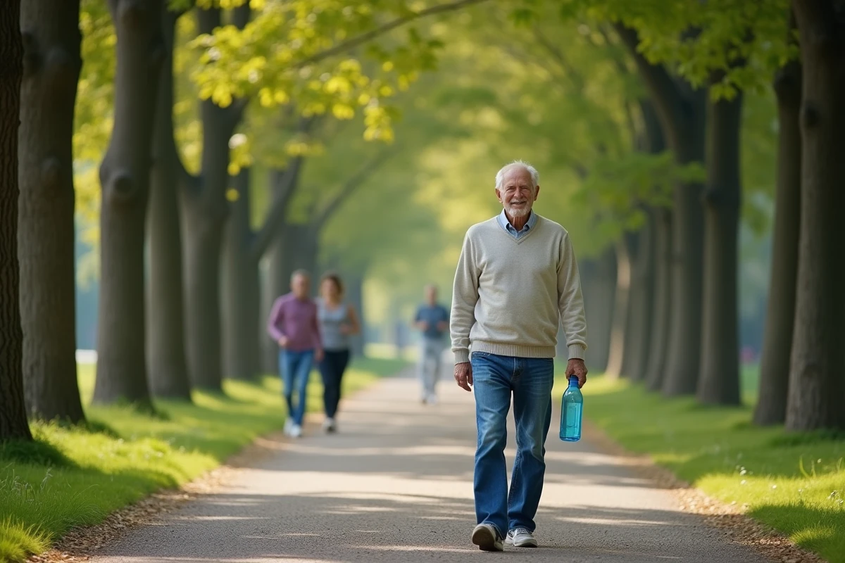 Homme âgé marchant dans un parc verdoyant