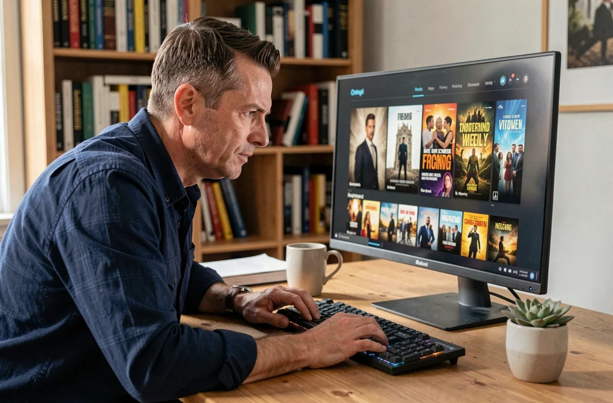 Homme parcourant une plateforme de streaming sur son ordinateur dans un bureau à domicile