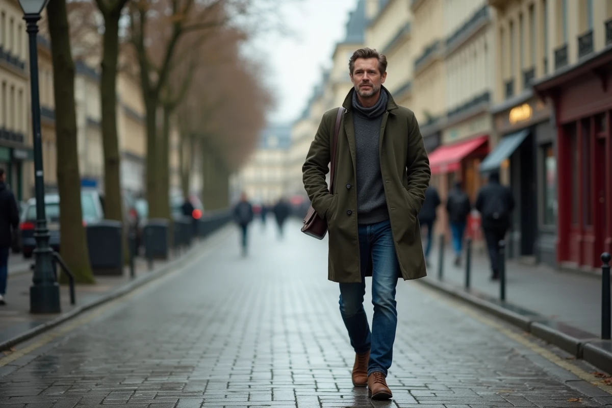 Homme en manteau olive marchant rapidement dans une rue parisienne pavée et mouillée, capturé de loin dans une atmosphère de discrétion urbaine