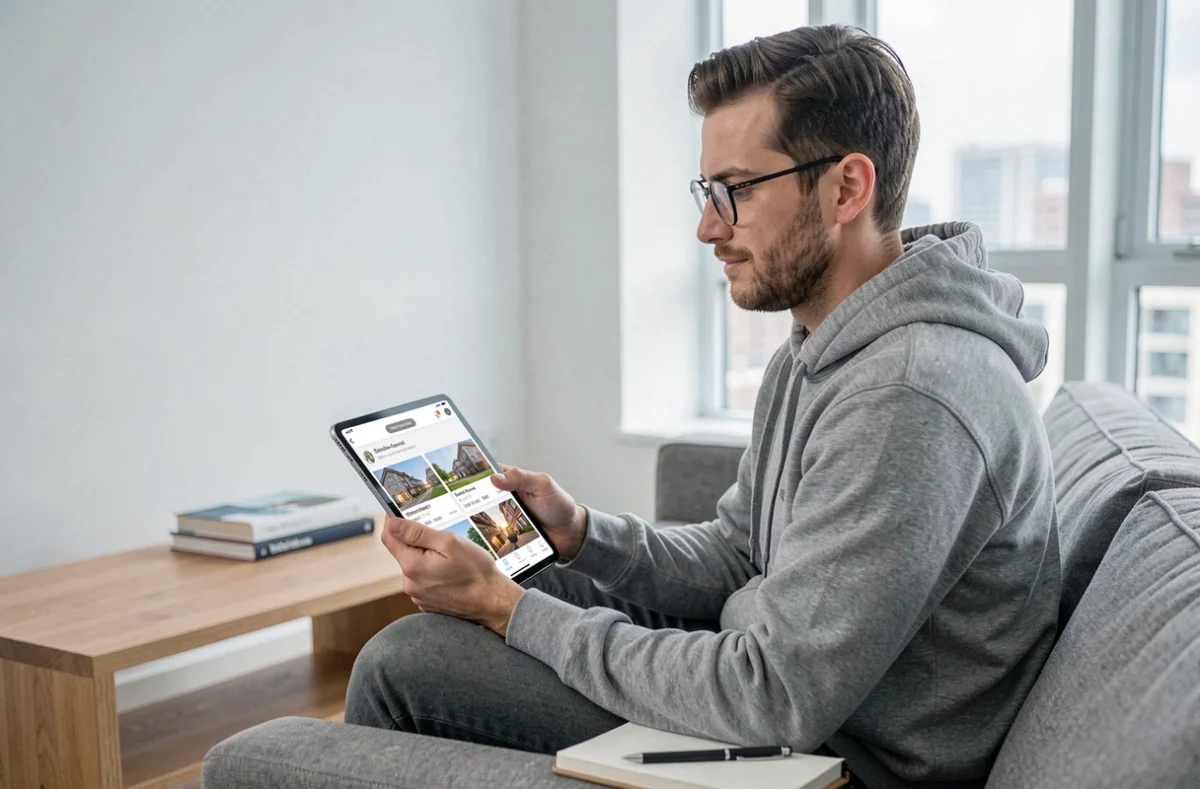 Jeune homme recherchant des annonces immobilières sur une tablette dans un salon minimaliste