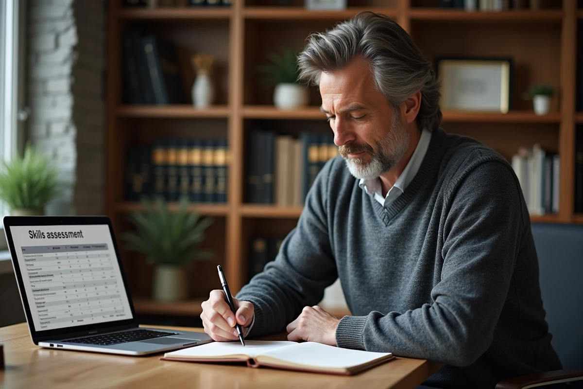 Homme en télétravail prenant des notes sur ses compétences professionnelles dans un bureau à domicile, symbolisant le développement des atouts de carrière