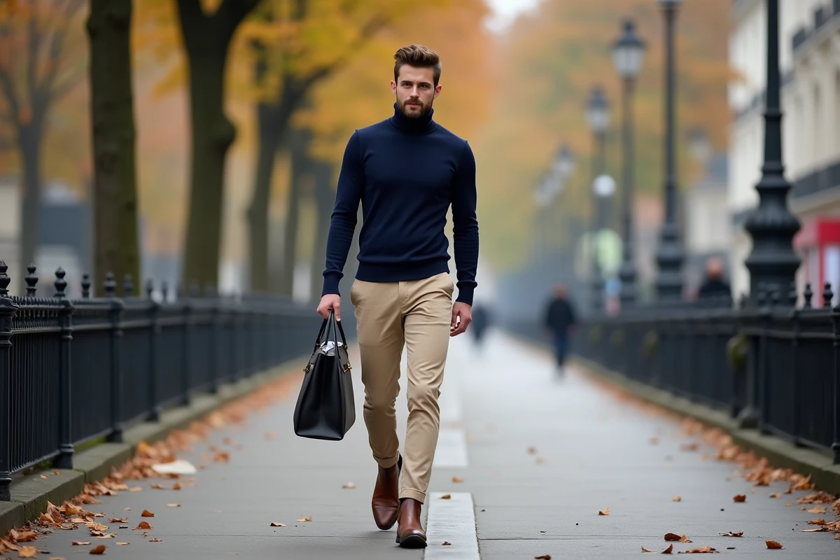 Homme bien habillé en tenue automnale marchant sur un trottoir parisien avec style
