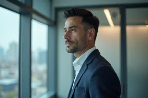 Homme en blazer marine regardant discrètement par une fenêtre en verre dépoli dans un bureau moderne, illustrant la protection de la vie privée