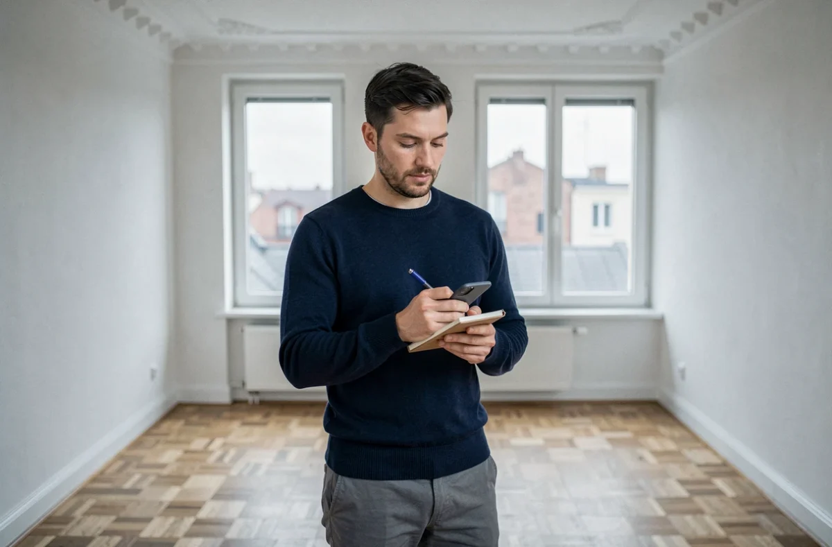Homme visitant un appartement vide et prenant des notes lors d'une visite locative