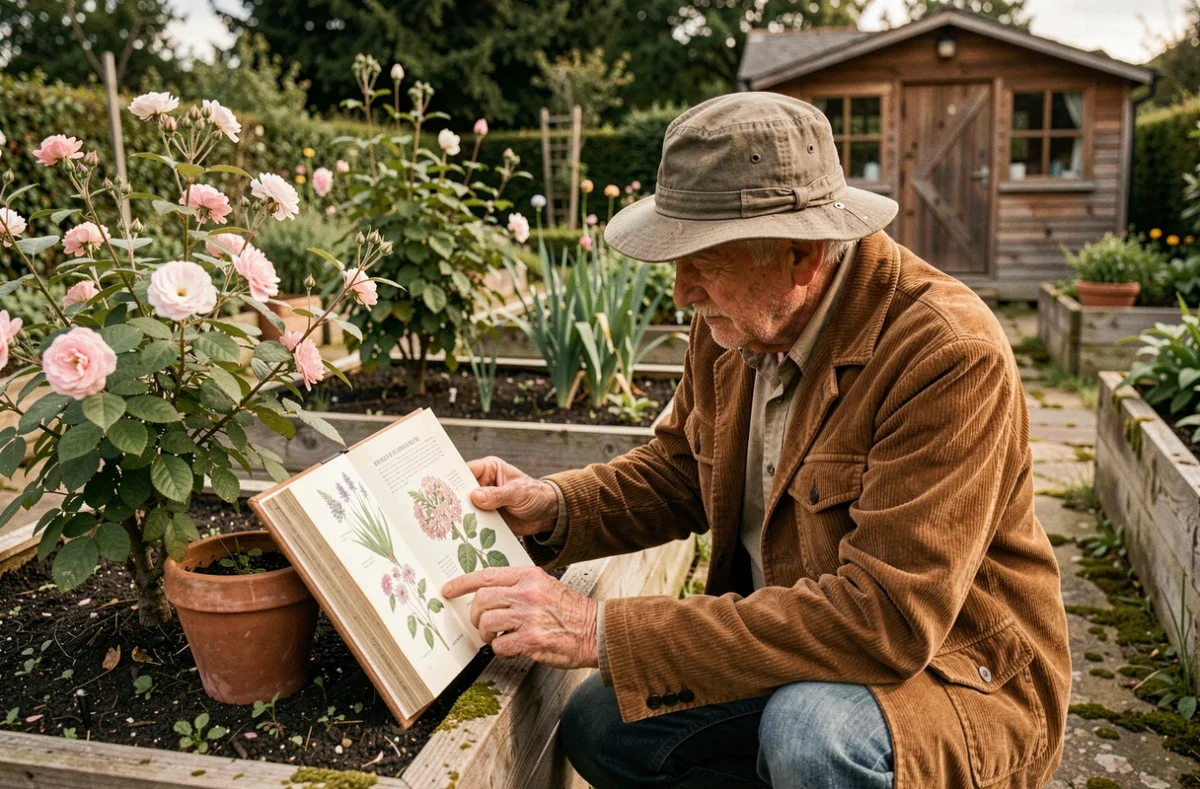 Jardinier retraité consultant un guide botanique dans son jardin anglais, comparant les illustrations à un arbuste fleuri près d'une plate-bande surélevée