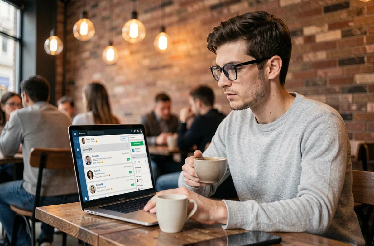 Jeune entrepreneur connecté à un club d'affaires en ligne depuis un café urbain