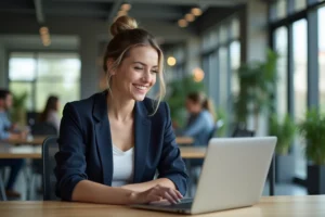 Jeune femme professionnelle souriante dans un bureau moderne