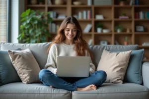 Jeune femme détendue sur un canapé avec son ordinateur portable
