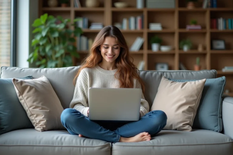 Jeune femme détendue sur un canapé avec son ordinateur portable
