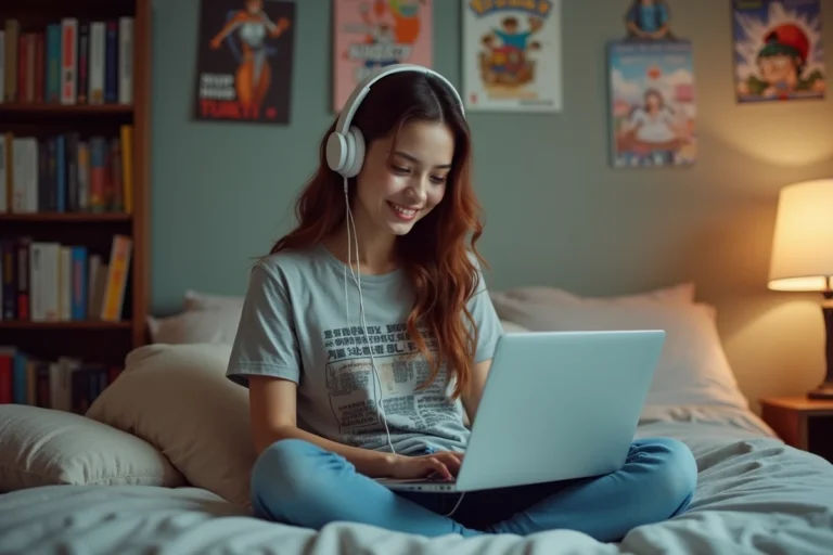 Jeune femme avec casque et ordinateur dans sa chambre