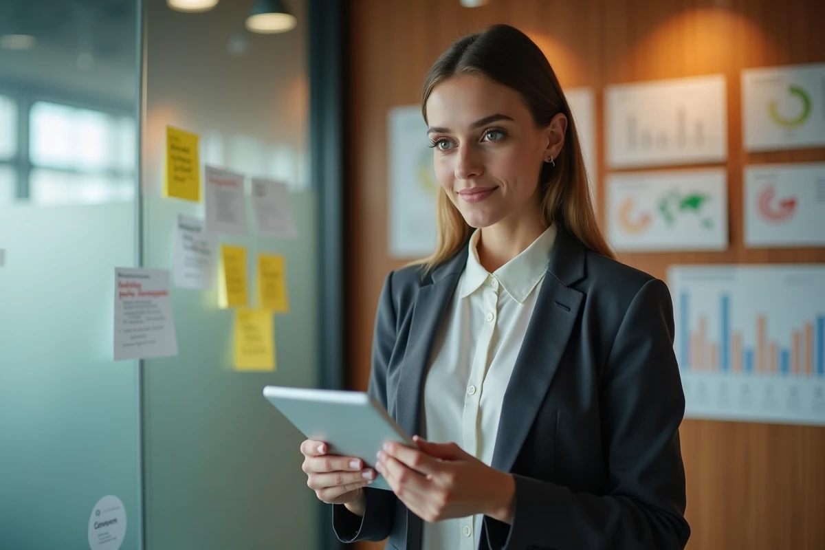 Jeune entrepreneure présentant des données avec une tablette