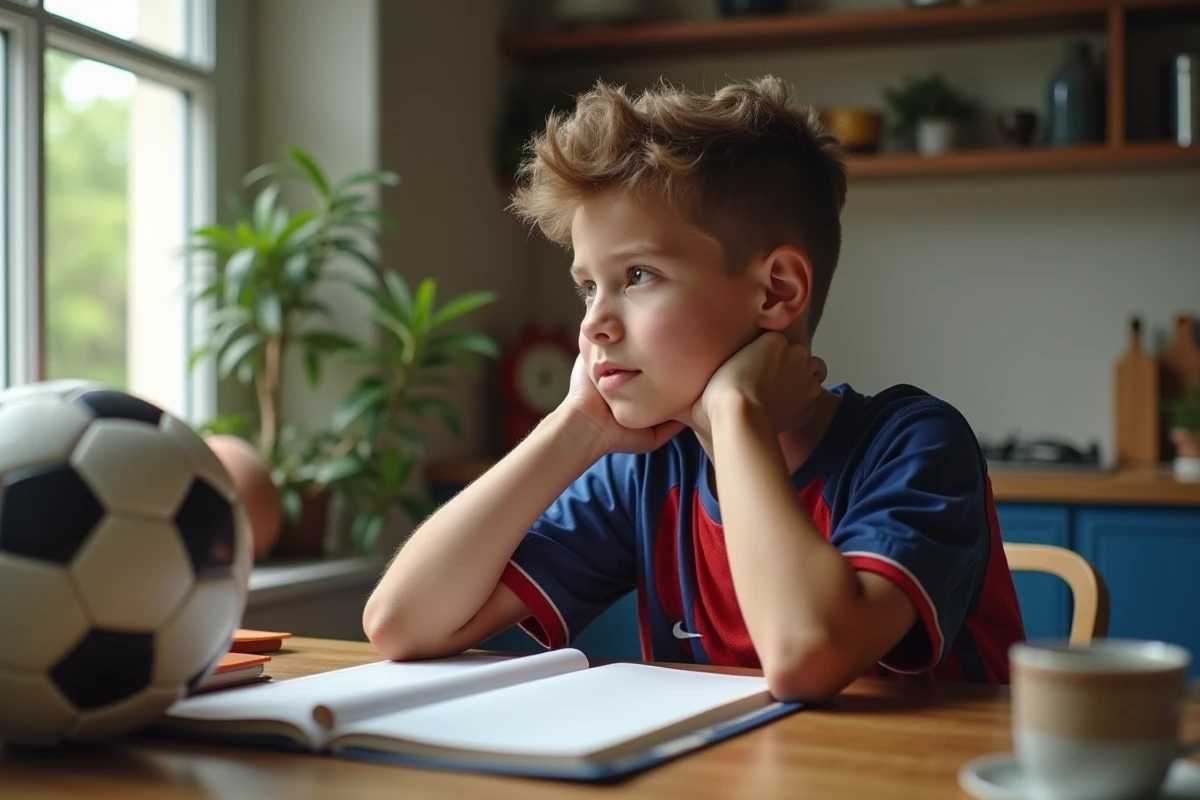Jeune garçon en maillot de sport assis à la maison