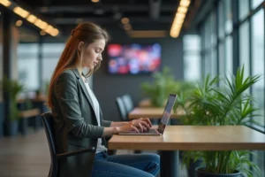 Jeune femme professionnelle travaillant sur un ordinateur dans un espace coworking moderne