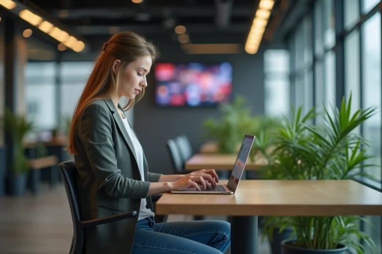 Jeune femme professionnelle travaillant sur un ordinateur dans un espace coworking moderne