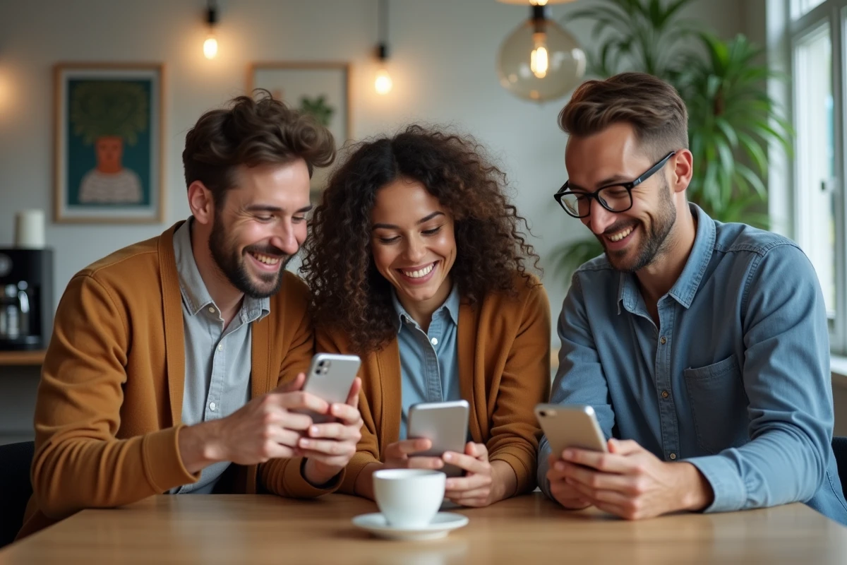 Jeunes adultes partageant des liens sur table de bureau lumineuse