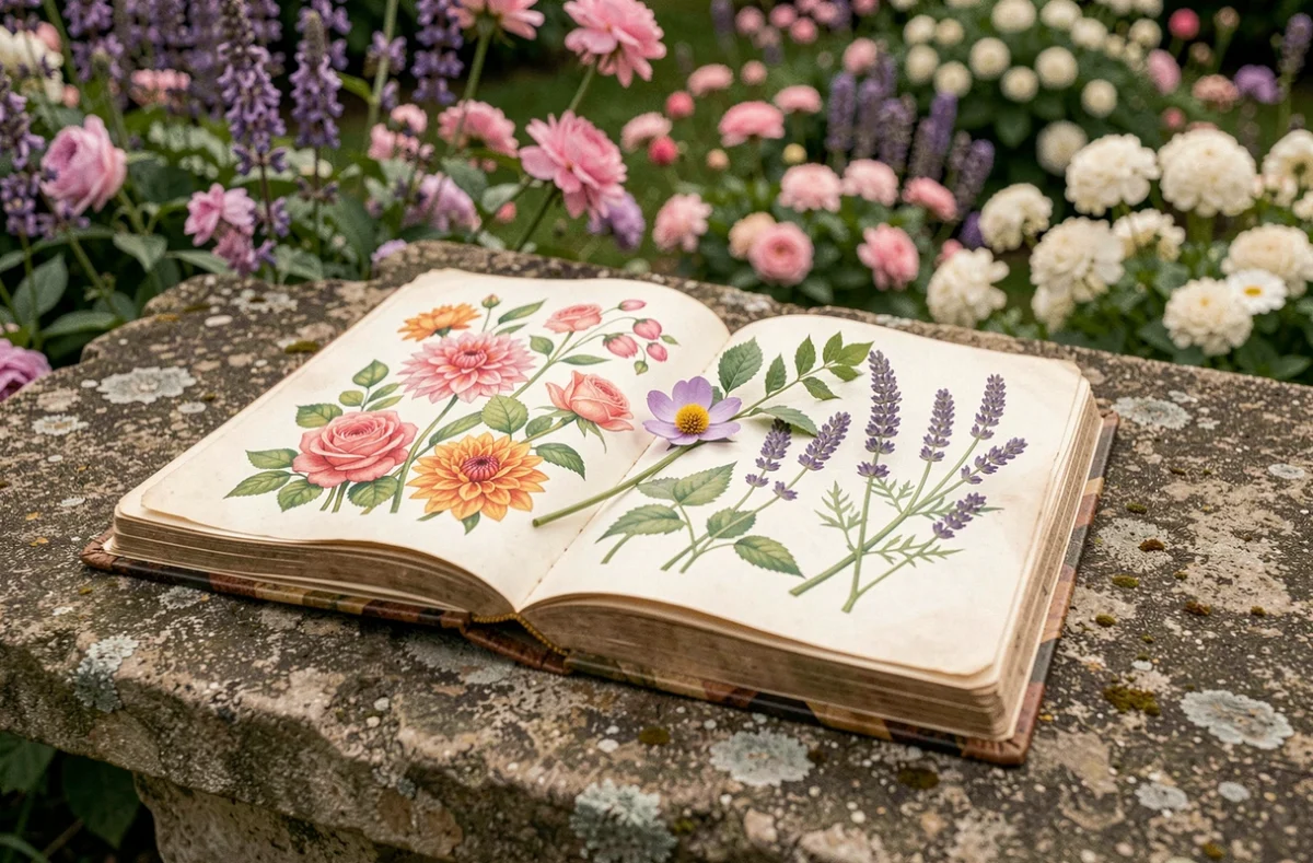 Journal botanique illustré ouvert sur un banc de pierre dans un jardin fleuri avec des dessins aquarelle de roses, dahlias et lavandes
