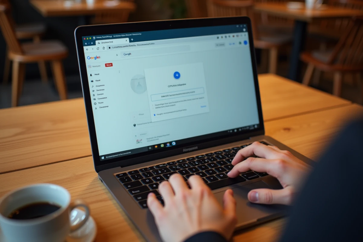 Mains naviguant dans les paramètres de Chrome pour désactiver la vérification CAPTCHA 'Je ne suis pas un robot' sur un ordinateur portable dans un café
