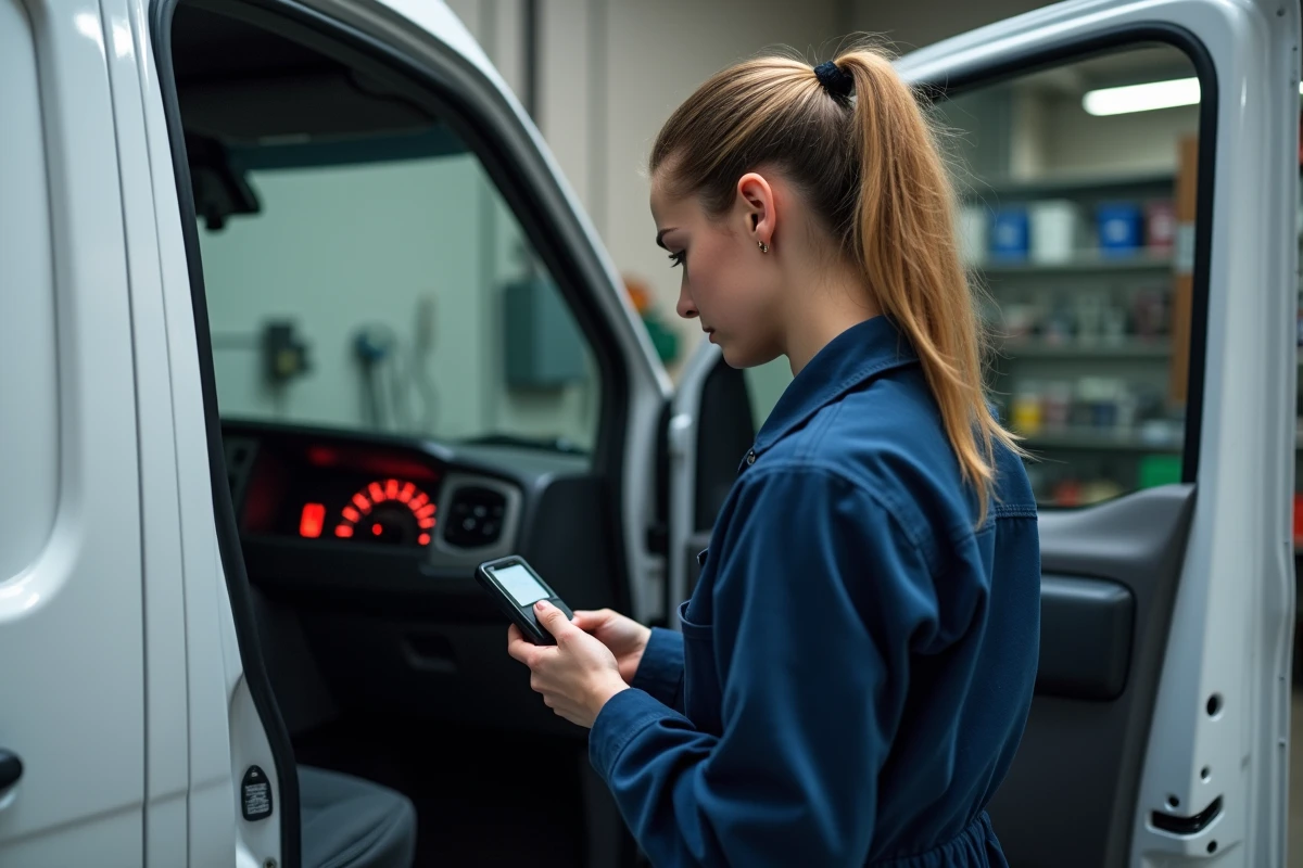 Mecanicienne examinant un véhicule dans un garage professionnel
