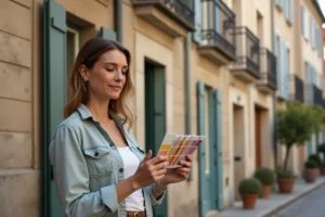 Femme examinant une palette de couleurs extérieures devant une maison ancienne