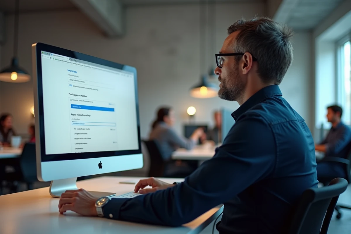 Homme configurant les paramètres de sécurité de Chrome pour désactiver le CAPTCHA robot sur un ordinateur de bureau en open space