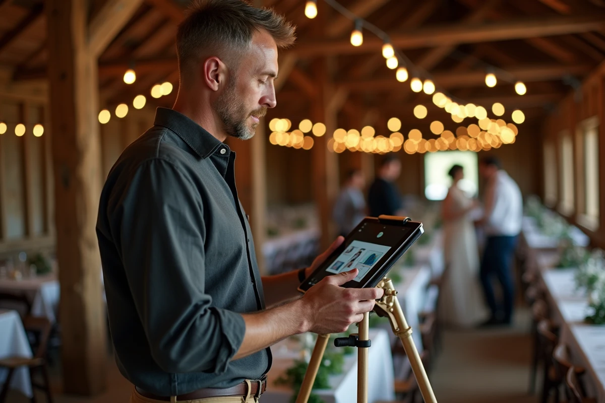 Photographe professionnel configurant un logiciel photobooth sur tablette dans une grange rustique décorée pour un mariage