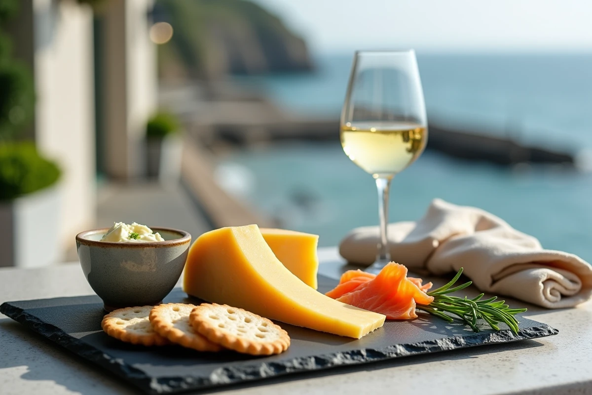 Plateau de craquelins bretons avec comté, saumon et beurre d'algues sur fond de terrasse bretonne