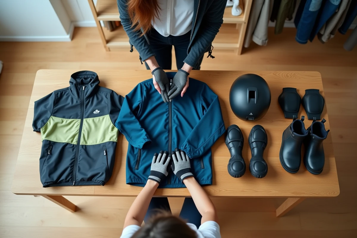 Femme préparant sa tenue pour trottinette électrique avec casque, gants rembourrés, veste imperméable et protections sur une table en bois