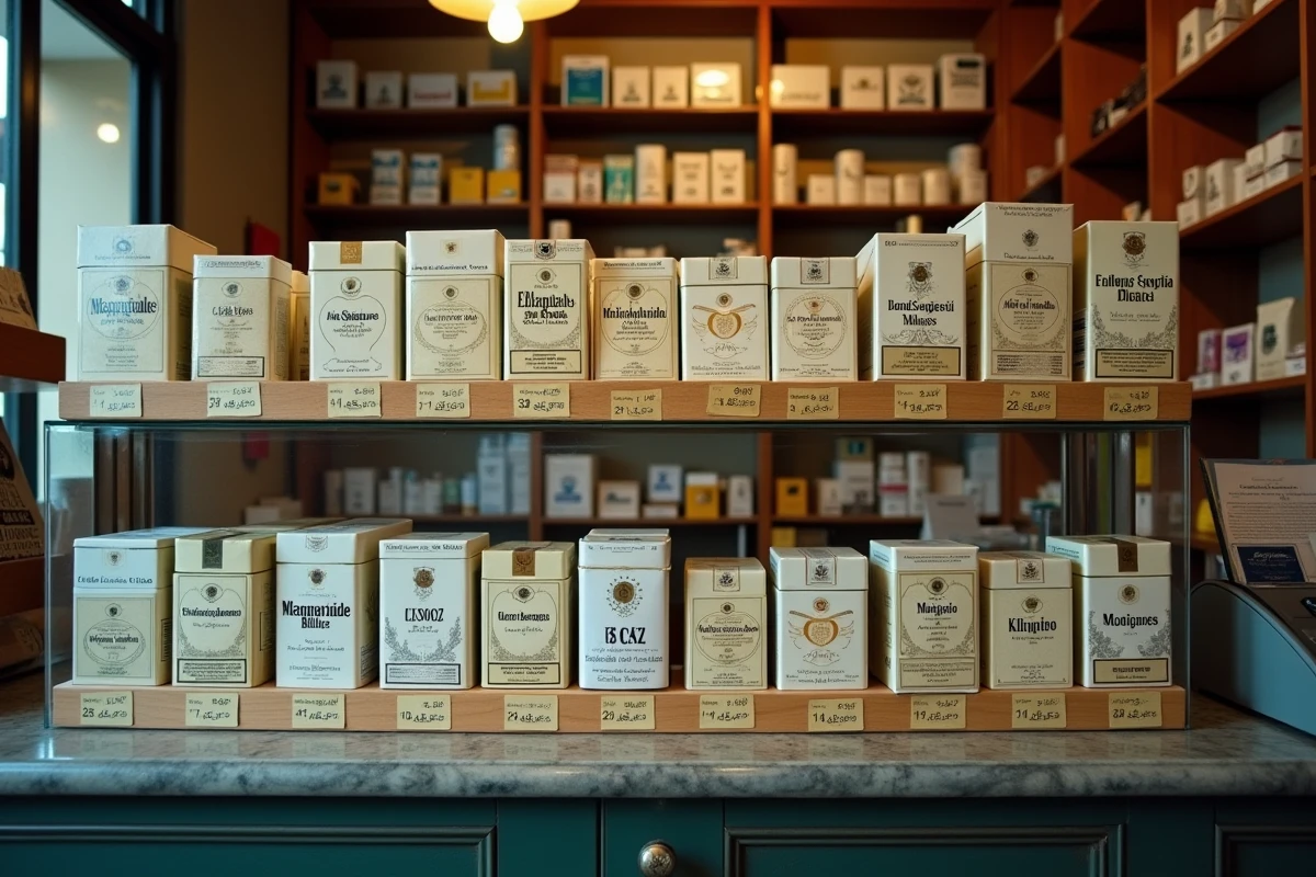 Présentoir de paquets de cigarettes avec prix en euros dans un bureau de tabac en Italie