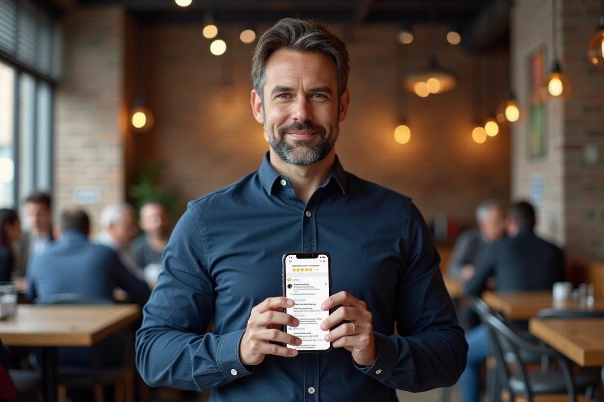 Homme consultant les retours clients et avis en ligne sur smartphone dans un café moderne