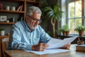 Senior de 60 ans qui examine des documents de retraite à la maison, illustrant les changements de la réforme des retraites 2026