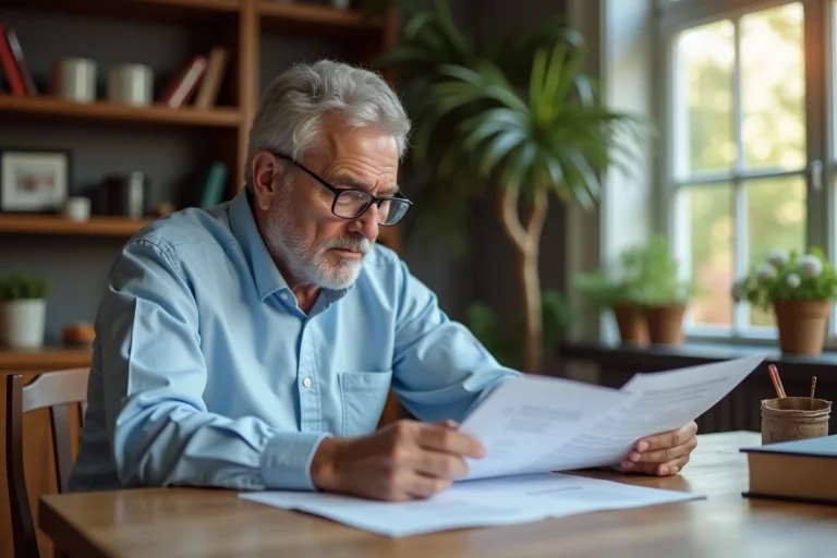 Senior de 60 ans qui examine des documents de retraite à la maison, illustrant les changements de la réforme des retraites 2026
