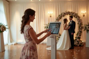 Femme en robe de demoiselle d'honneur utilisant une tablette pour photobooth lors d'une réception de mariage élégante