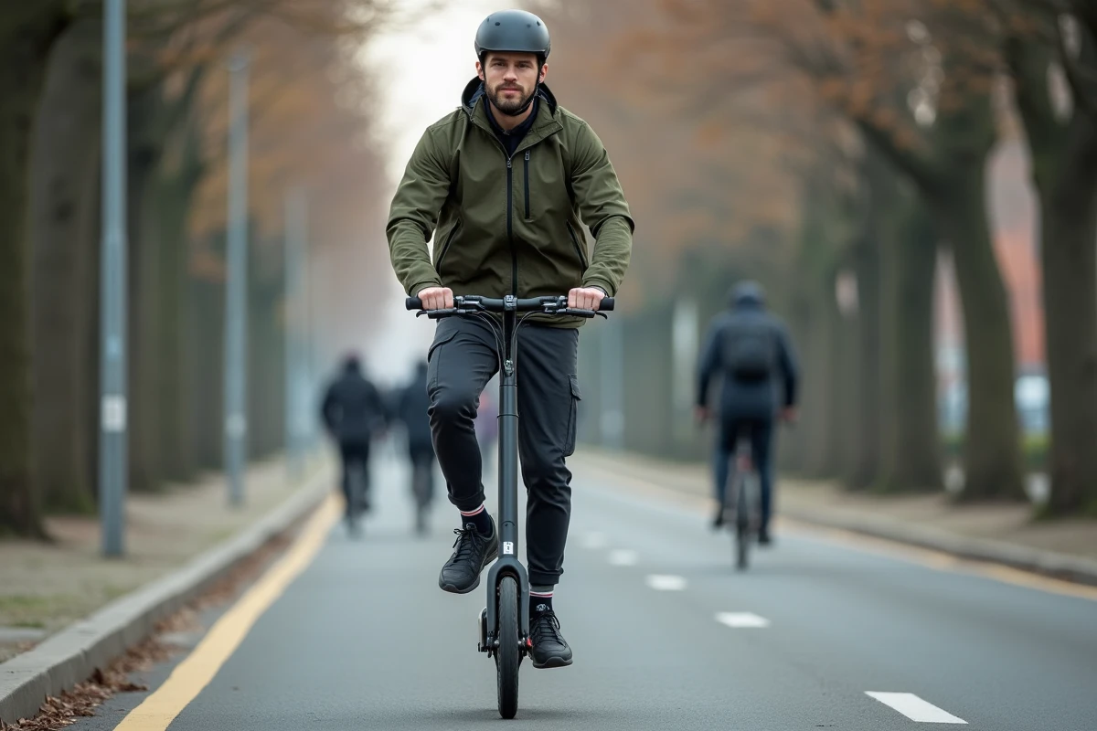 Homme en tenue fonctionnelle pour trottinette électrique avec pantalon cargo, coupe-vent et bandes réfléchissantes sur piste cyclable urbaine