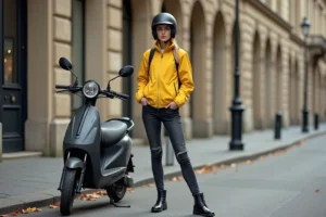 Jeune femme en tenue adaptée pour trottinette électrique avec veste cycliste jaune, jean renforcé et casque en milieu urbain